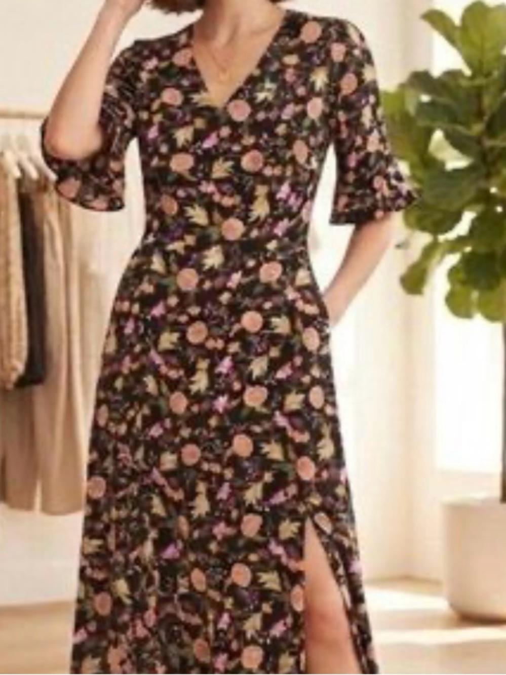 LOFT Womens S Floral Midi Black Pink Yellow Short Ruffle Sleeve Cottagecore